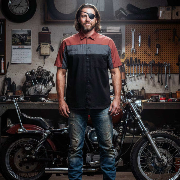 MMCC Men's Pit Stop Classic Mechanic Button Up Shirt - Dual Chest Pockets - Microfiber Panel - Rider Ready - MMC16009