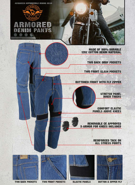 Milwaukee Leather MDM5015 Men's Classic Fit Blue Denim Motorcycle Rider Racing Pants w/ CE Armor on Knees