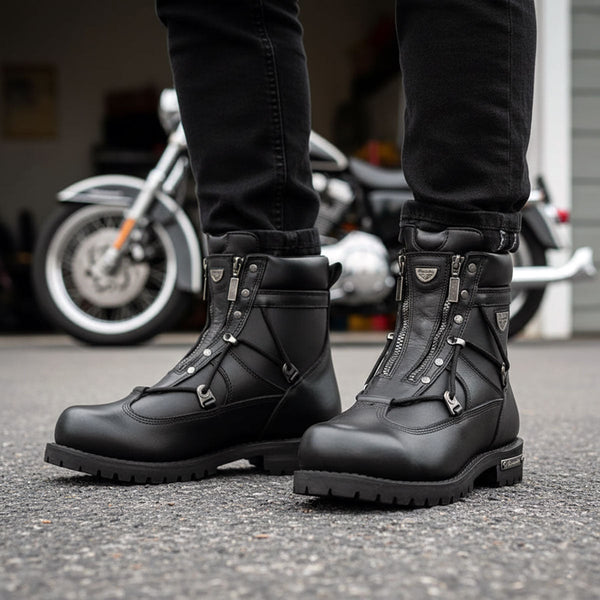 MMCC MB440 Men's Throttle Black Leather Biker Boots - Riding Footwear