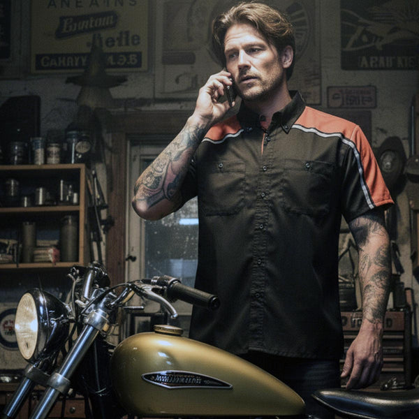 Milwaukee Motorcycle Clothing Co. Men’s Blk/Orange Mechanic Work Shirt – w / Reflective Strip, Rider‑Built MDM11603
