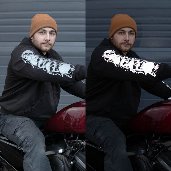 Milwaukee Leather Men's Bare Bones Black Reflective Skull CE Armored Riding Hoodie, Shoulder & Elbow Armor - MPM1797