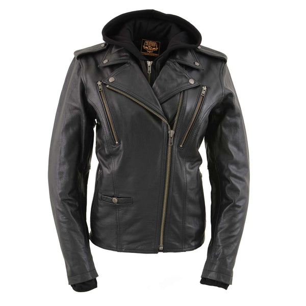 Milwaukee Leather LKL2739 Women's Black Premium Leather Vented Motorcycle Biker Jacket w/ Hoodie