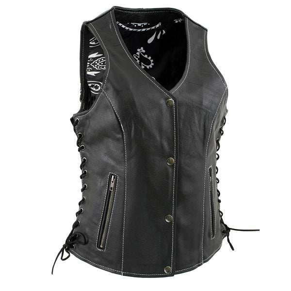 Milwaukee Leather LKL4711 Women's Black Premium Leather Motorcycle Vest with Side Lace Adjustment
