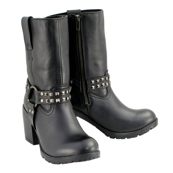 Milwaukee Leather Women's Stud Rebel Black Leather Harness Motorcycle Boots - MBL9314