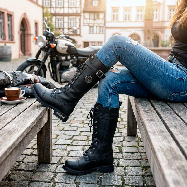 Milwaukee Leather Women's Black 14-inch Lace-Up High-Rise Leather Biker Rider Boots with Calf Buckle MBL9355