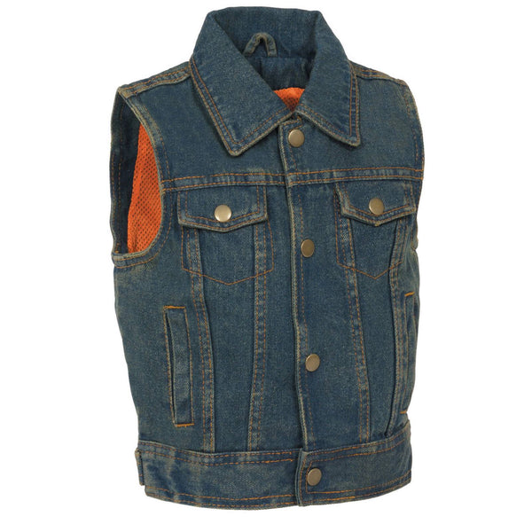 Milwaukee Leather MDK3910 Blue Unisex-Child Kids Denim Snap Front Vest with Shirt Style Collar