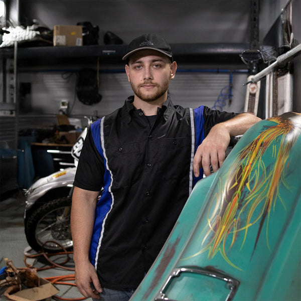 Milwaukee Motorcycle Clothing Co. Men’s Blk/Blue Mechanic Work Shirt – w / Reflective Strip, Rider‑Built MDM11609