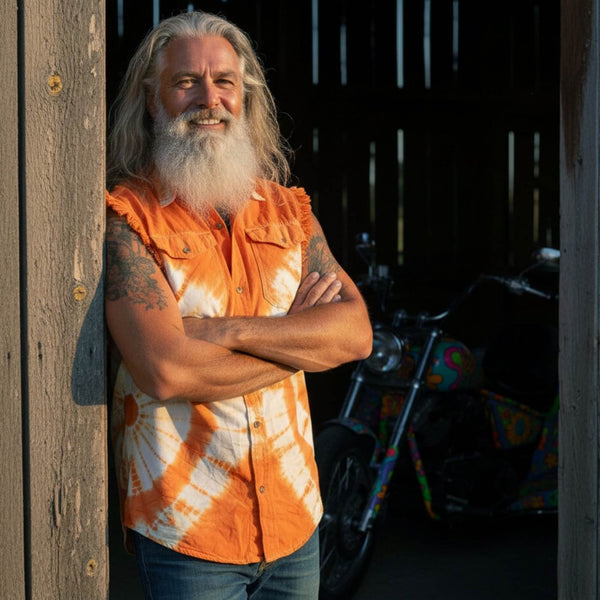 Biker Clothing Co. MDM11680 Men's Classic Orange and White Tie-Dye Button-Down Frayed Sleeveless Cut Off Shirt