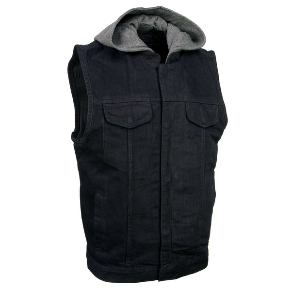 Milwaukee Leather Men's Rustic Black Denim Motorcycle Riding Vest with Removable Hoodie - MDM3082