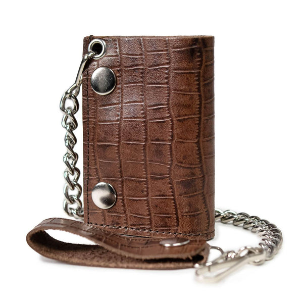 Milwaukee Leather Brown Full-Grain Crocodile-Stamped Tri-Fold Chain Wallet - MLW7849