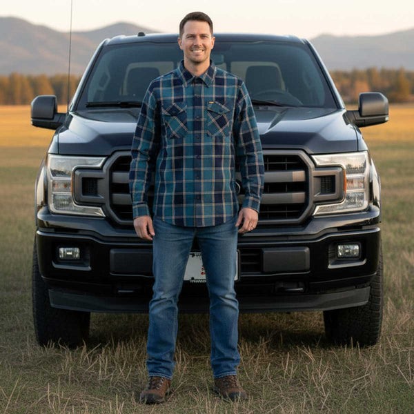 MMCC The Kraken Men's Blue Teal Orange Plaid Flannel Shirt - 100% Cotton Long Sleeve Button-Up - MMC11600