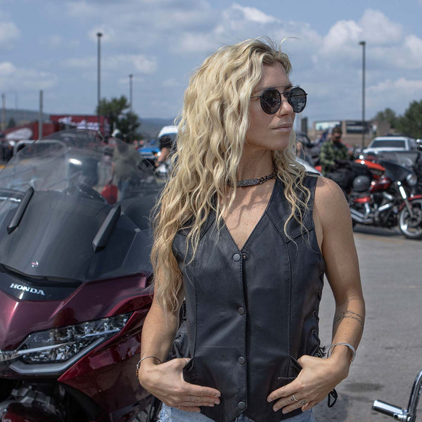 Milwaukee Leather MLL4546 Women's Black Premium Leather Lightweight V-Neck Motorcycle Rider Vest w/ Side Laces