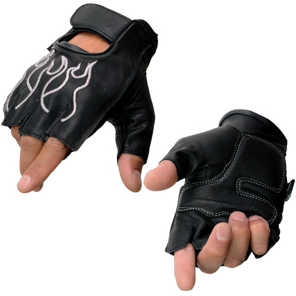 Milwaukee Leather SH198 Men's Black-Grey Gel Palm Fingerless Motorcycle Gloves with Grey Flame Embroidery