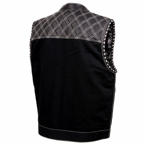 Milwaukee Leather MDM3035 Men’s Wrecker Club Vest – Black Denim & Leather, Diamond Quilt, White Stitch