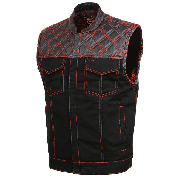 Milwaukee Leather MDM3036 Men’s Wrecker Club Vest – Black Denim & Leather, Diamond Quilt, Red Stitch
