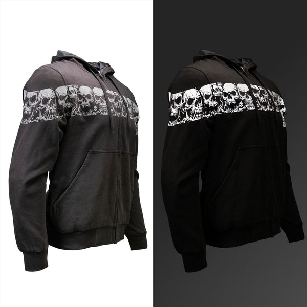Milwaukee Leather Men's Bare Bones Black Reflective Skull CE Armored Riding Hoodie, Shoulder & Elbow Armor - MPM1798