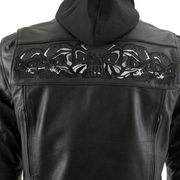 Milwaukee Leather Men's Futile CE Armored Leather Motorcycle Jacket w/ Hoodie Liner, Reflective Skull - LKM17016
