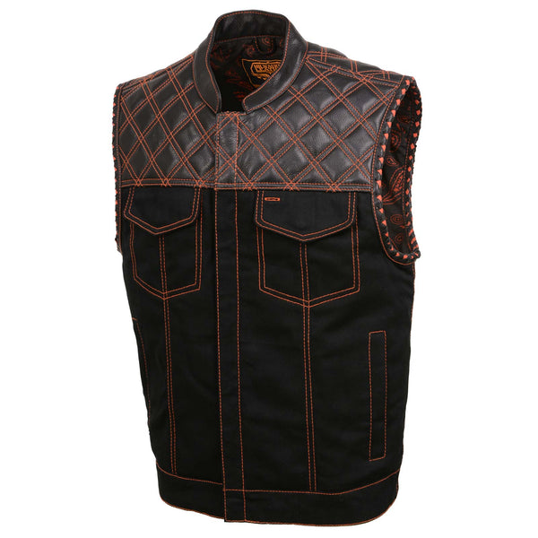 Milwaukee Leather MDM3037 Men’s Wrecker Club Vest – Black Denim & Leather, Diamond Quilt, Orange Stitch