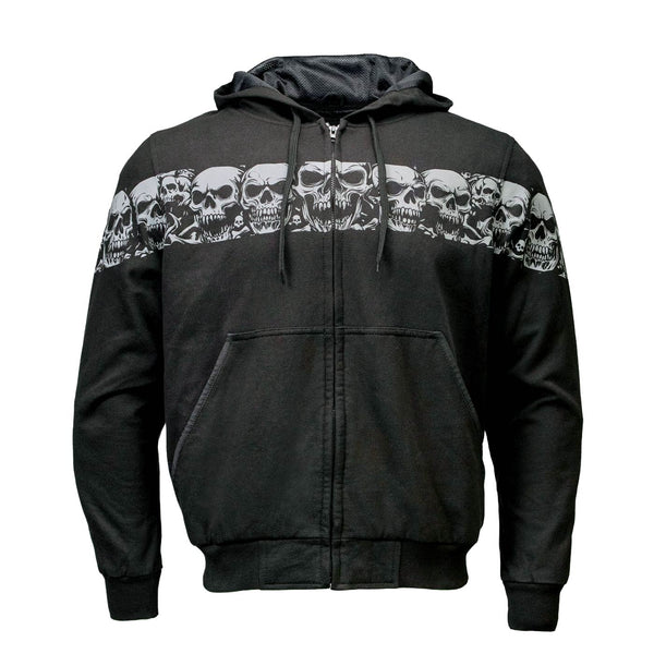 Milwaukee Leather Men's Bare Bones Black Reflective Skull CE Armored Riding Hoodie, Shoulder & Elbow Armor - MPM1798
