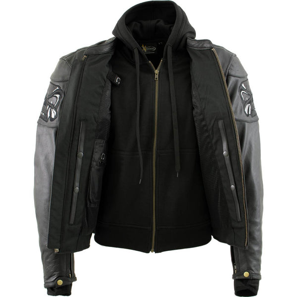 Milwaukee Leather Men's Futile CE Armored Leather Motorcycle Jacket w/ Hoodie Liner, Reflective Skull - LKM17016