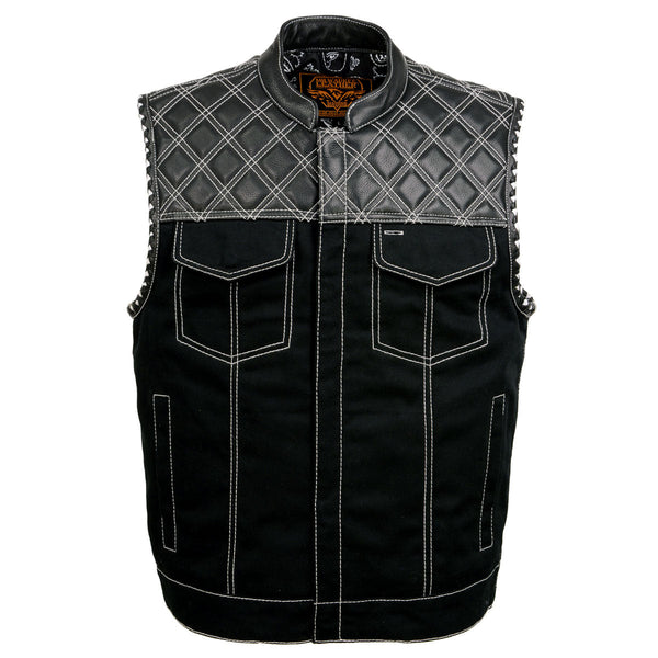 Milwaukee Leather MDM3035 Men’s Wrecker Club Vest – Black Denim & Leather, Diamond Quilt, White Stitch