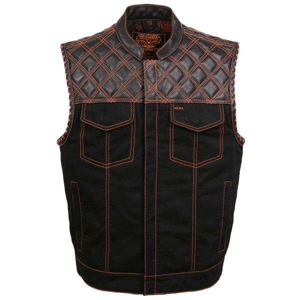 Milwaukee Leather MDM3037 Men’s Wrecker Club Vest – Black Denim & Leather, Diamond Quilt, Orange Stitch