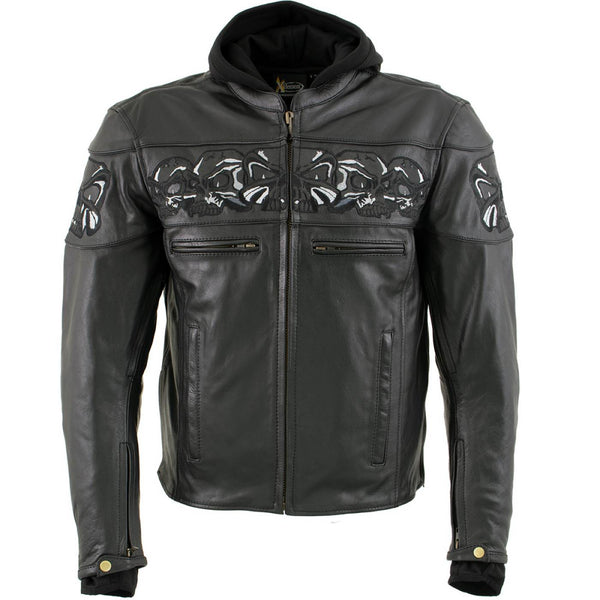 Milwaukee Leather Men's Futile CE Armored Leather Motorcycle Jacket w/ Hoodie Liner, Reflective Skull - LKM17016