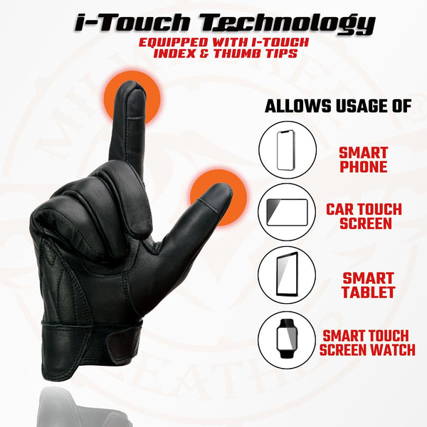 Milwaukee Leather MG7502 Men's Black Leather Gel Palm Motorcycle Gloves w/ i-Touch and Cool-Tec Technology
