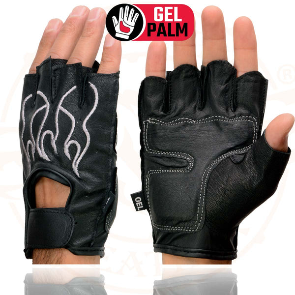 Milwaukee Leather SH198 Men's Black-Grey Gel Palm Fingerless Motorcycle Gloves with Grey Flame Embroidery