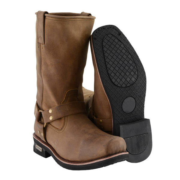 Milwaukee Leather Men's Crazy Horse Brown Harness Motorcycle Boots, MBM9037
