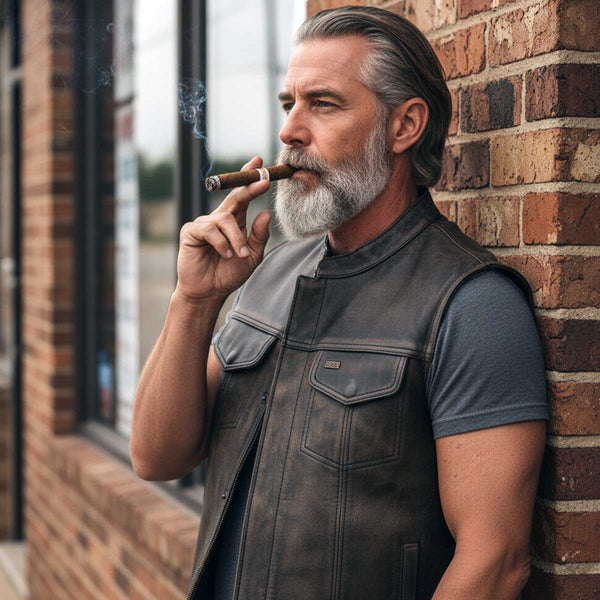 Milwaukee Leather MLM3510 Men's Black/Beige Premium Leather Club Style Vest - Dual Closure Open Neck Motorcycle Vest
