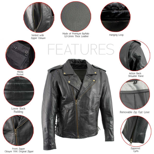 Milwaukee Leather LKM17003  Men's Premium Black Leather Motorcycle Riders Jacket with CE Armor Protecion