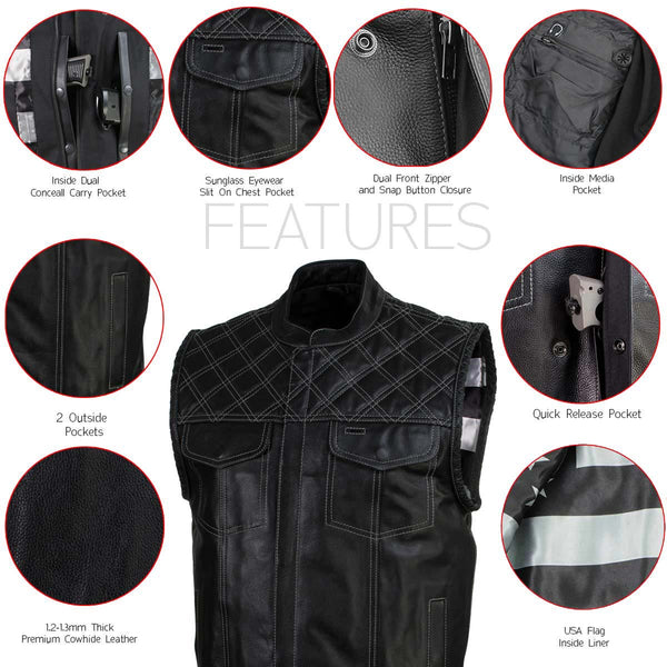 Milwaukee Leather LKM3784 Men's Classic Black Leather Motorcycle Rider Vest Stars and Stripes Design w/ USA Flag Liner