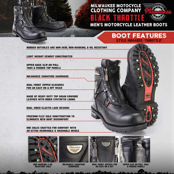 MMCC MB440 Men's Throttle Black Leather Biker Boots - Riding Footwear