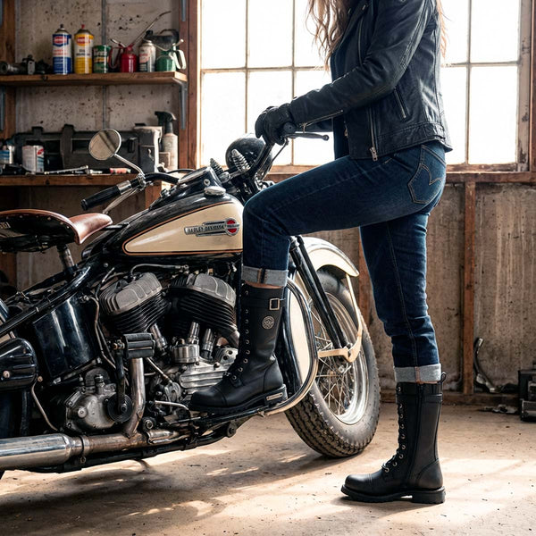 Milwaukee Leather Women's Wide-Width Black 14-inch Lace-Up High-Rise Leather Biker Rider Boots with Calf Buckle MBL9355W