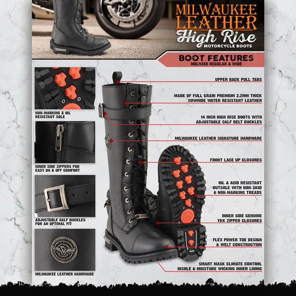 Milwaukee Leather Women's Black 14-inch Lace-Up High-Rise Leather Biker Rider Boots with Calf Buckle MBL9355