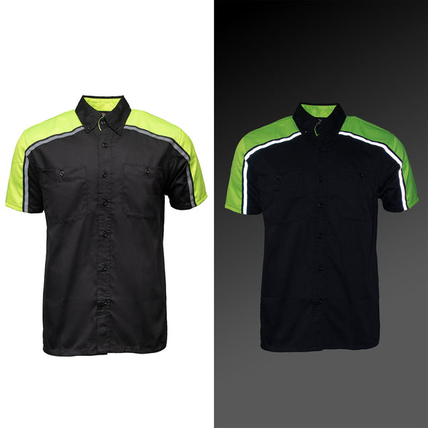 Milwaukee Motorcycle Clothing Co. Men’s Blk/Green Mechanic Work Shirt – w / Reflective Strip, Rider‑Built MDM11604