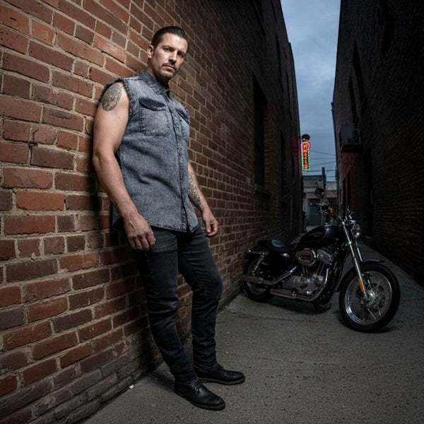 Milwaukee Leather MDM11678 Men’s Classic Grey Button-Down Cut Off Frayed Sleeveless Casual Shirt