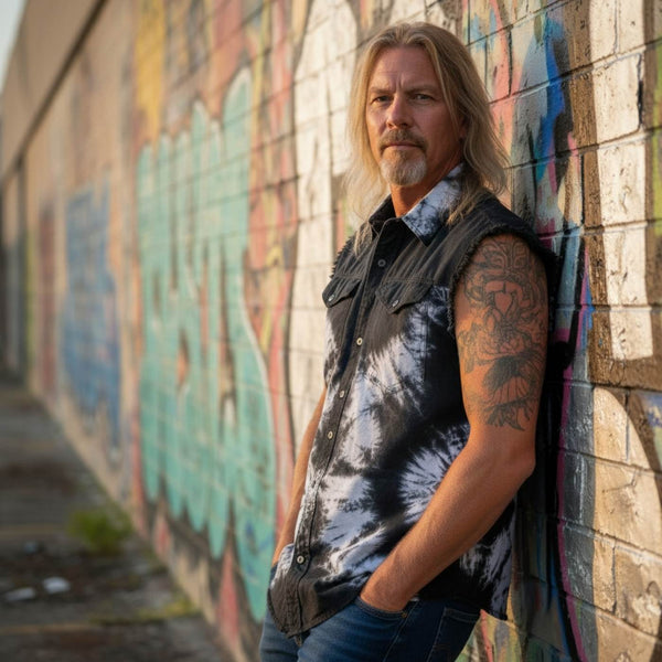 Biker Clothing Co. MDM11679 Men's Classic Black and White Tie-Dye Button-Down Frayed Sleeveless Cut Off Shirt