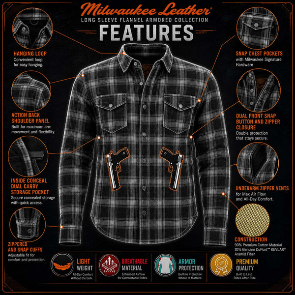 Milwaukee Leather MPM1645 Men's 'Asphalt Shield - Hoya' Plaid Flannel Biker Shirt w/ CE Armor - Reinforced w/ Aramid Fibers