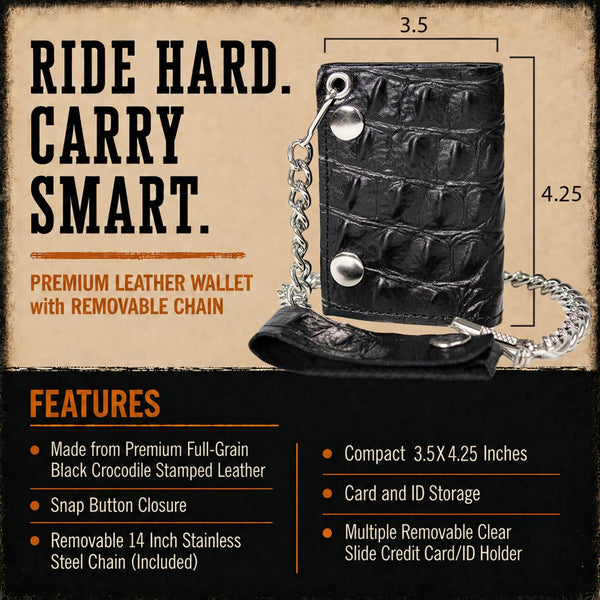 Milwaukee Leather Black Crocodile-Stamped Tri-Fold Leather Wallet - MLW7842