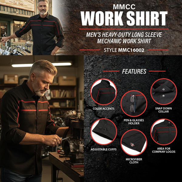 MMCC Men's Octane Long Sleeve Mechanic Shirt - Black with Red Stripe - 50-50 Cotton Poly - MMCC16002