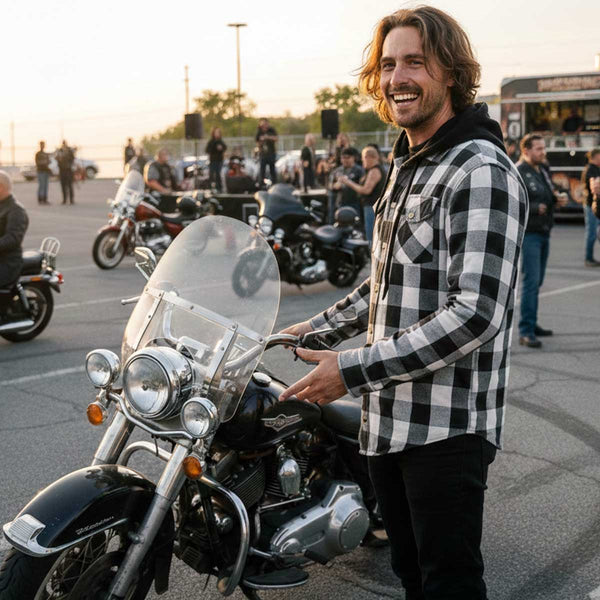 Milwaukee Leather Men’s Othello Black & White Plaid Hooded Riding Shirt w/ CE Armor & Aramid Fiber Panels - MPM1629