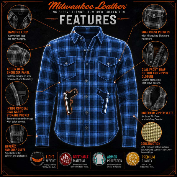 Milwaukee Leather MPM1650 Men's Plaid Flannel Biker Shirt with CE Approved Armor - Reinforced w/ Aramid Fiber