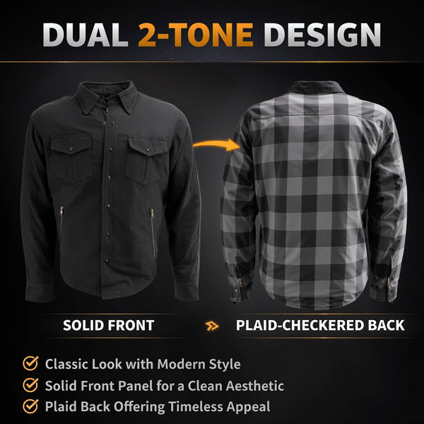Milwaukee Leather Men’s Splitline Phantom 2-Tone CE Armored Protective Flannel - Kevlar® Reinforced - MPM1670