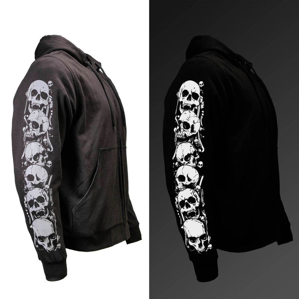 Milwaukee Leather Men's Bare Bones Black Reflective Skull CE Armored Riding Hoodie, Shoulder & Elbow Armor - MPM1797