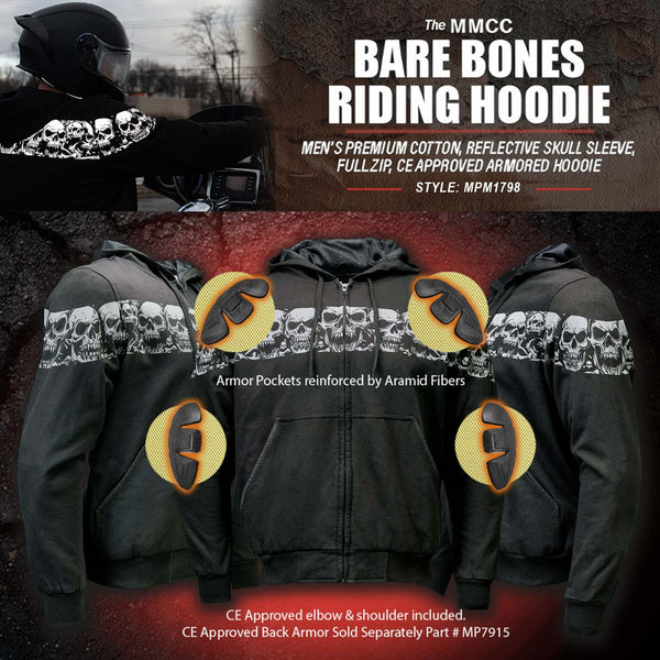 Milwaukee Leather Men's Bare Bones Black Reflective Skull CE Armored Riding Hoodie, Shoulder & Elbow Armor - MPM1798