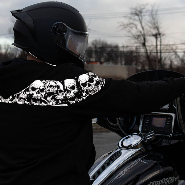Milwaukee Leather Men's Bare Bones Black Reflective Skull CE Armored Riding Hoodie, Shoulder & Elbow Armor - MPM1798