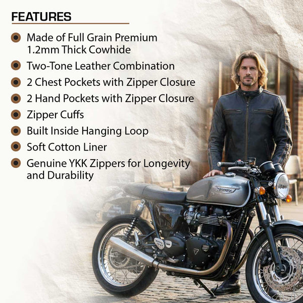Milwaukee Leather Men’s Copperline Black Leather Moto Café Racer Jacket, Stand Collar, 6 Pockets - SFM1816