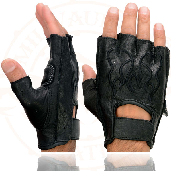 Milwaukee Leather SH198 Men's Black Gel Palm Fingerless Motorcycle Gloves with Black Flame Embroidery